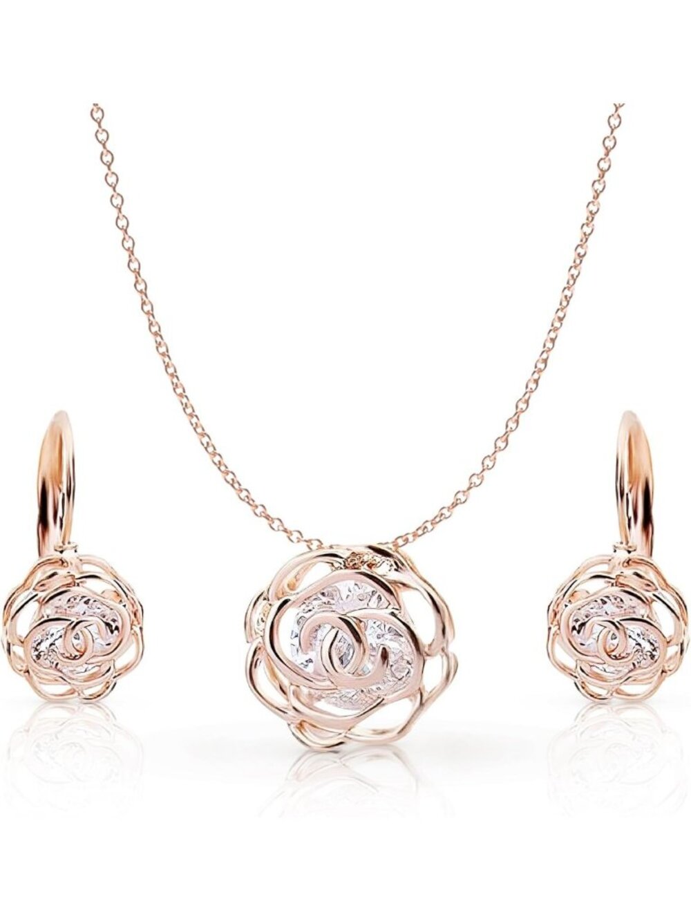 Elegant 18K Gold Plated White Crystal Floral Necklace & Earrings Set for